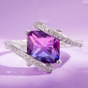 Pink & Purple Square Twist Gemstone Ring, 925 Sterling Silver Charmed Aroma